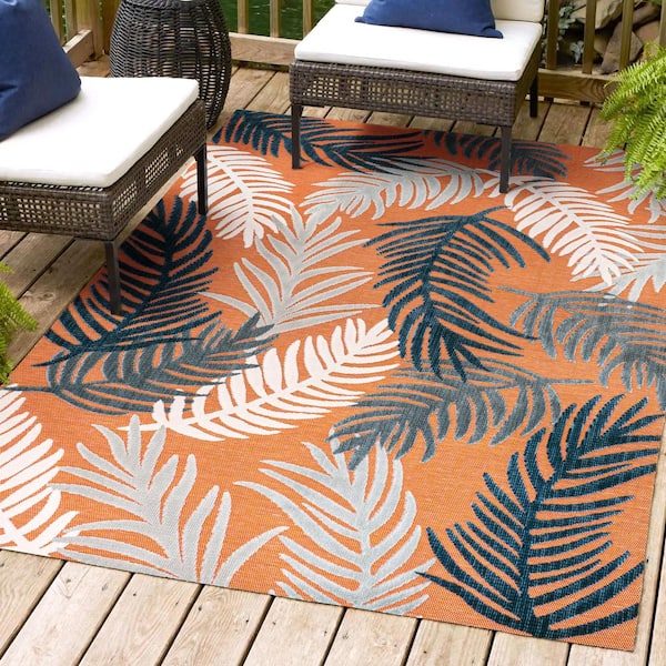 Montego High-Low Tropical Palm Orange/Navy/Ivory 3 ft. x 5 ft. Indoor/Outdoor Area Rug