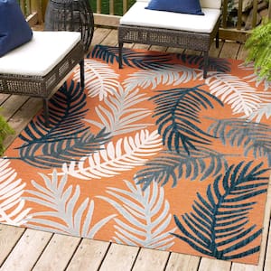 Montego Approximate Rug Size Orange/Navy/Ivory 4 ft. x 6 ft. High-Low Tropical Palm Indoor/Outdoor Area Rug