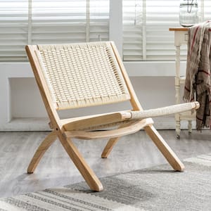 22.8 in Beige Wide Mid-Century Folding Wood Accent Chair Boho Modern Lounge Chair with Solid Wood Frame Indoor Set of 2