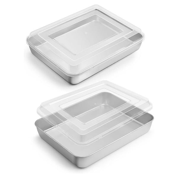 Stainless Steel Rectangle Baking Pan with Lid Silver Finish Oven Safe Dishwasher Safe Cake Brownie Sheet Set of 2