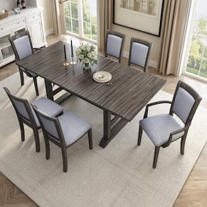 7-Piece Rectangle Brown MDF Top Extendable Trestle Dining Set Seats 6 with 4 Side Chairs and 2 Arm Chairs, Gray Fabric