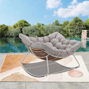 42 in. W White Wicker Grand patio, Outdoor Rocking Chair, Padded Cushion Rocker Recliner Chair with Light Gray Cushion