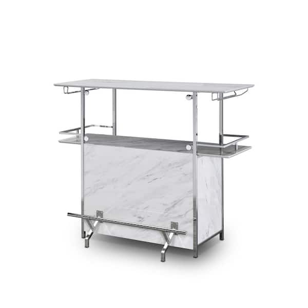Furniture of America Mauro Faux Marble White and Chrome Bar Table With Wine Rack and Stemware Rack