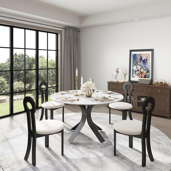 Magic Home 53.15 in. White Sintered Stone Tabletop with Black Pedestal Base Dining Table (Seats 6)