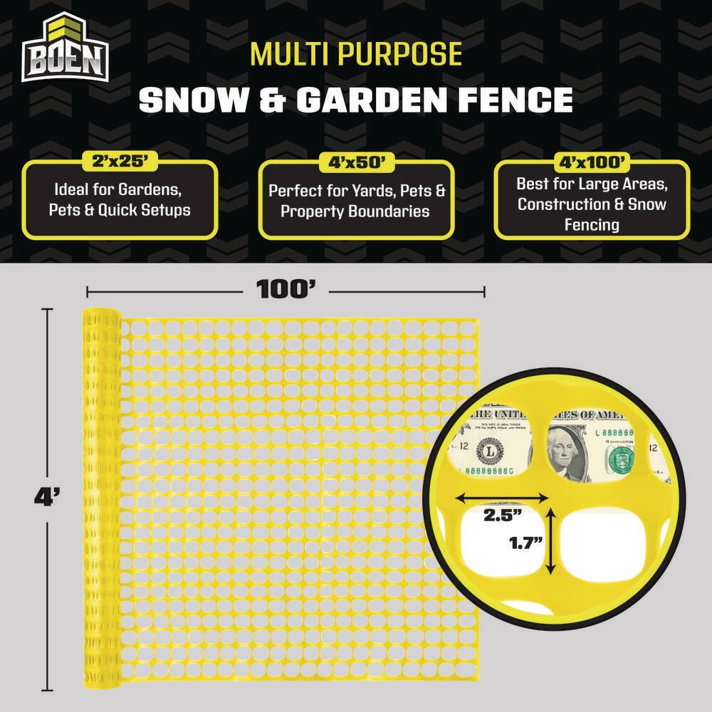 BOEN 4' x 100' Yellow Plastic Safety Snow Fence
