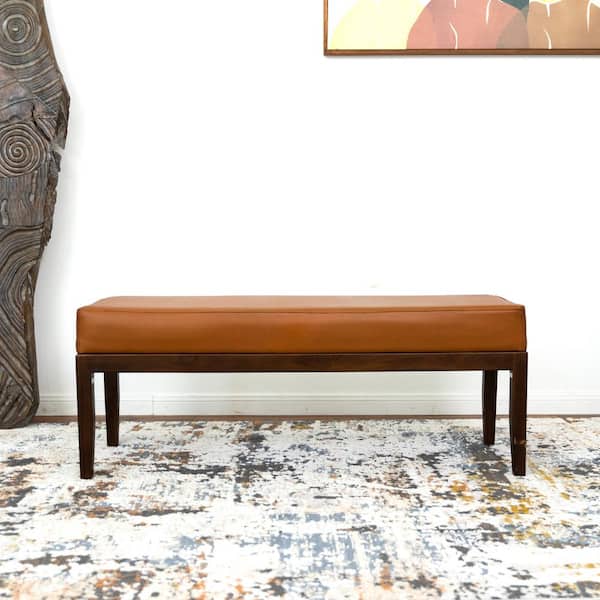 Ashcroft Furniture Co Komodo Mid-Century Modern Genuine Leather Upholstered Bench in Tan (17 in. H x 48 in. W x 16 in. D)