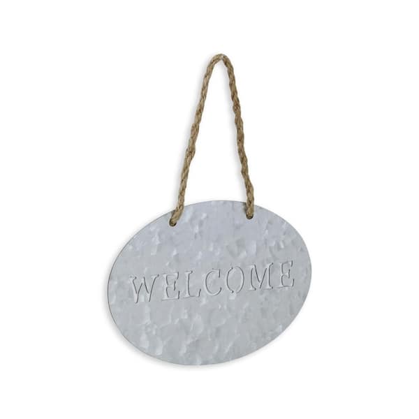 HomeRoots 7.75 in. x 5.25 in. Grey Handcrafted Welcome Galvanized Metal Wall Art 1-Piece