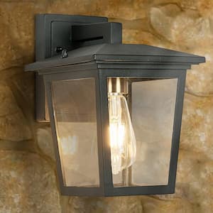 1-Light Black and Gold Hardwired Modern Outdoor Wall Lantern Sconce with Clear Glass Shade