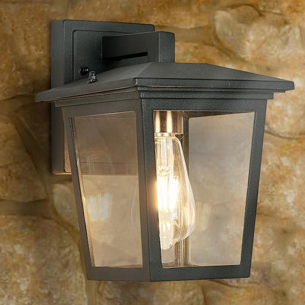 SILJOY 1-Light Black and Gold Hardwired Modern Outdoor Wall Lantern Sconce with Clear Glass Shade