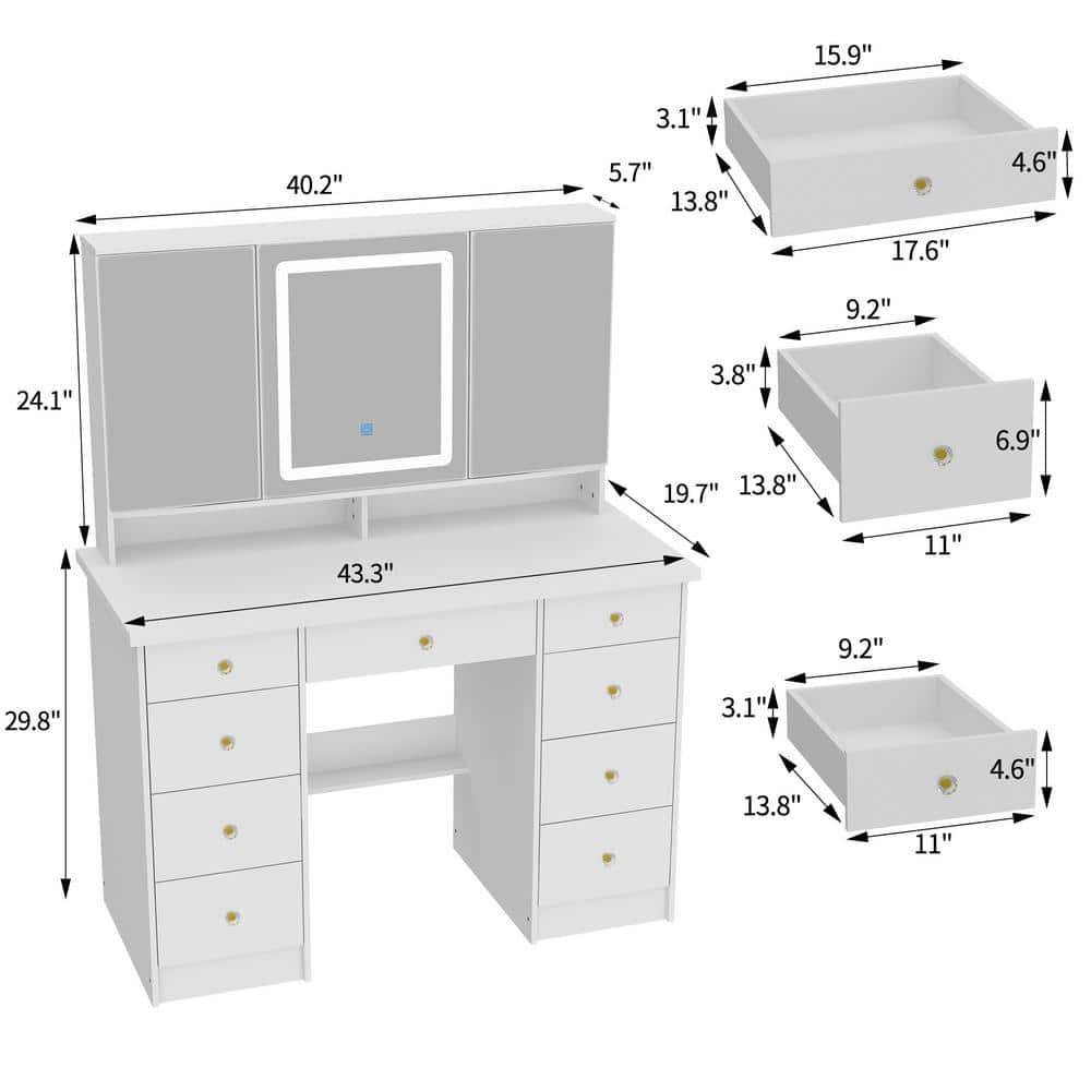 White Modern Makeup Vanity Desk 9 Drawers Wood Dressing Table With 3 Mirrors, Hidden Storage Shelves, LED Lighted - thumbnail 3