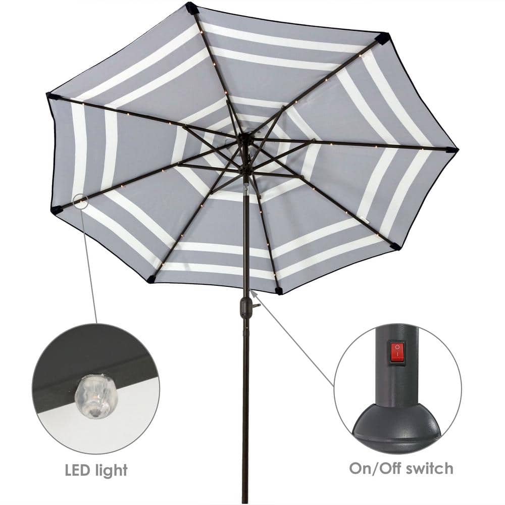 Navy Blue Striped Aluminum Market Umbrella with Solar LED Lights