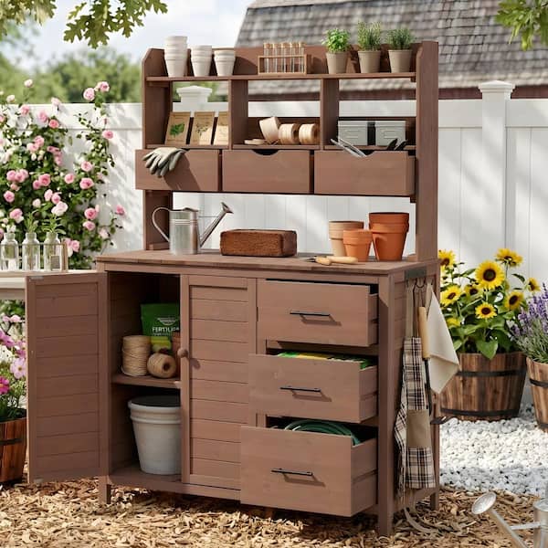 44.6 in. W x 65 in. H Solid Fir Wood Patio Potting Bench with 6 Drawers and Bottom Cabinet in Brown
