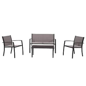 Outdoor Gray 4-Piece Metal Patio Conversation Set Bistro Set with Tempered Glass Top Coffee Table