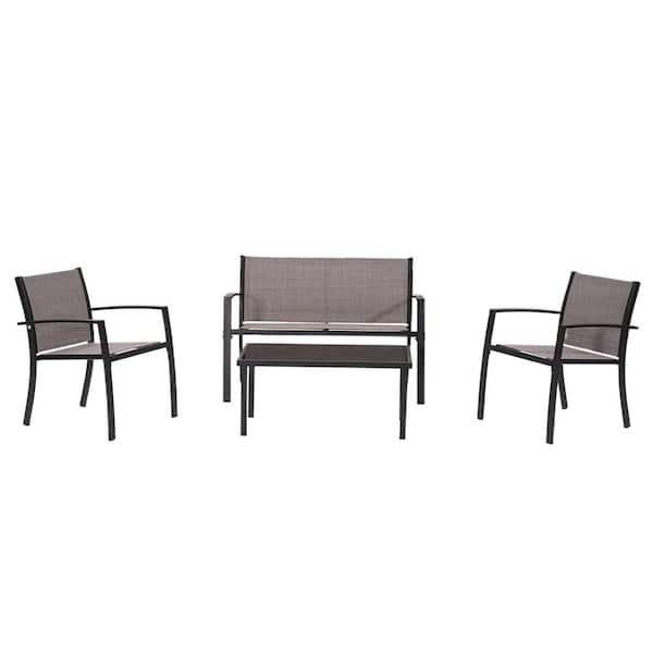 Unbranded Outdoor Gray 4-Piece Metal Patio Conversation Set Bistro Set with Tempered Glass Top Coffee Table