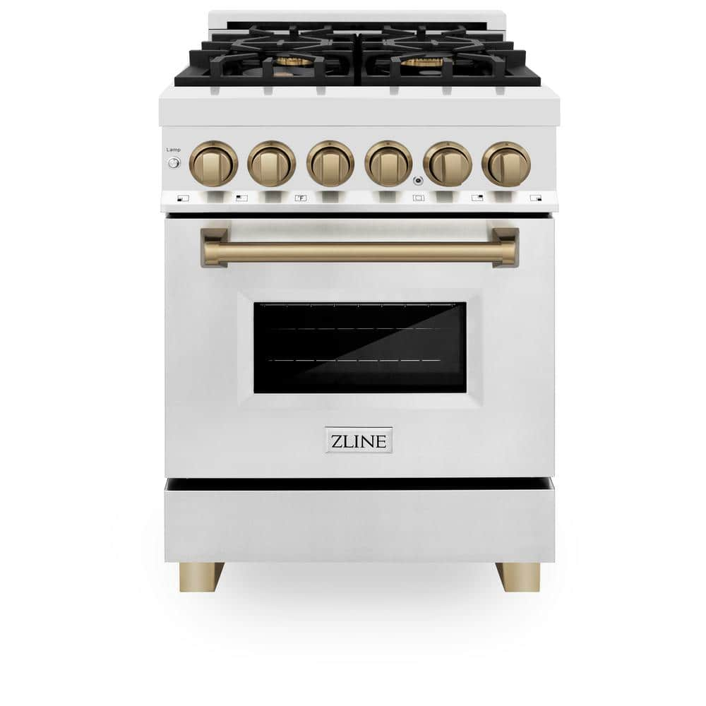 Autograph Edition 24 in. 4 Burner Dual Fuel Range in Stainless Steel and Champagne Bronze -  ZLINE Kitchen and Bath, RAZ-24-CB