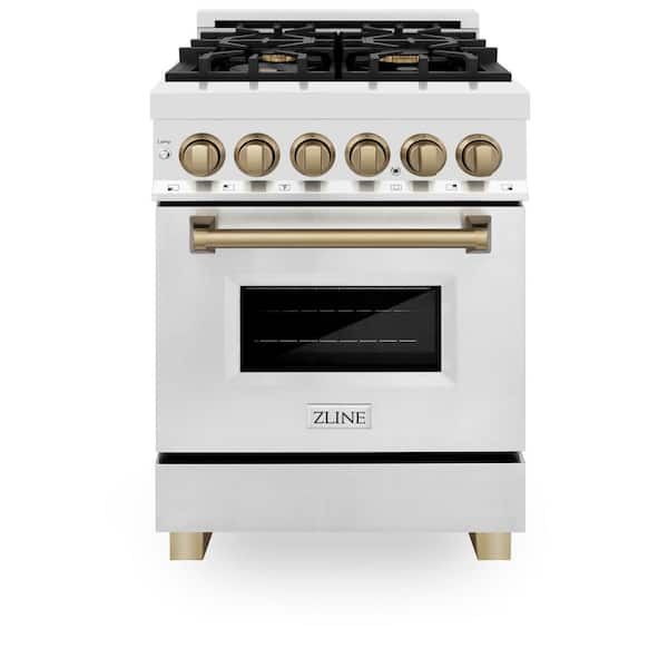 ZLINE Kitchen and Bath Autograph Edition 24 in. 4 Burner Dual Fuel Range in Stainless Steel and Champagne Bronze