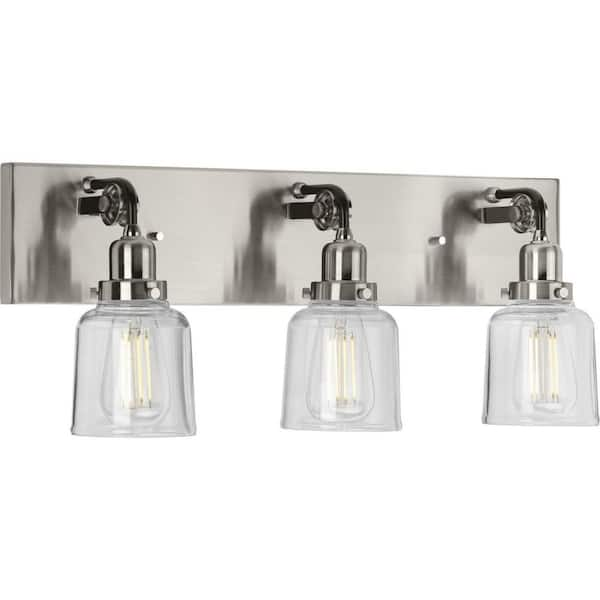 Progress Lighting Rushton Collection 3-Light Brushed Nickel Clear Glass Farmhouse Bath Vanity Light