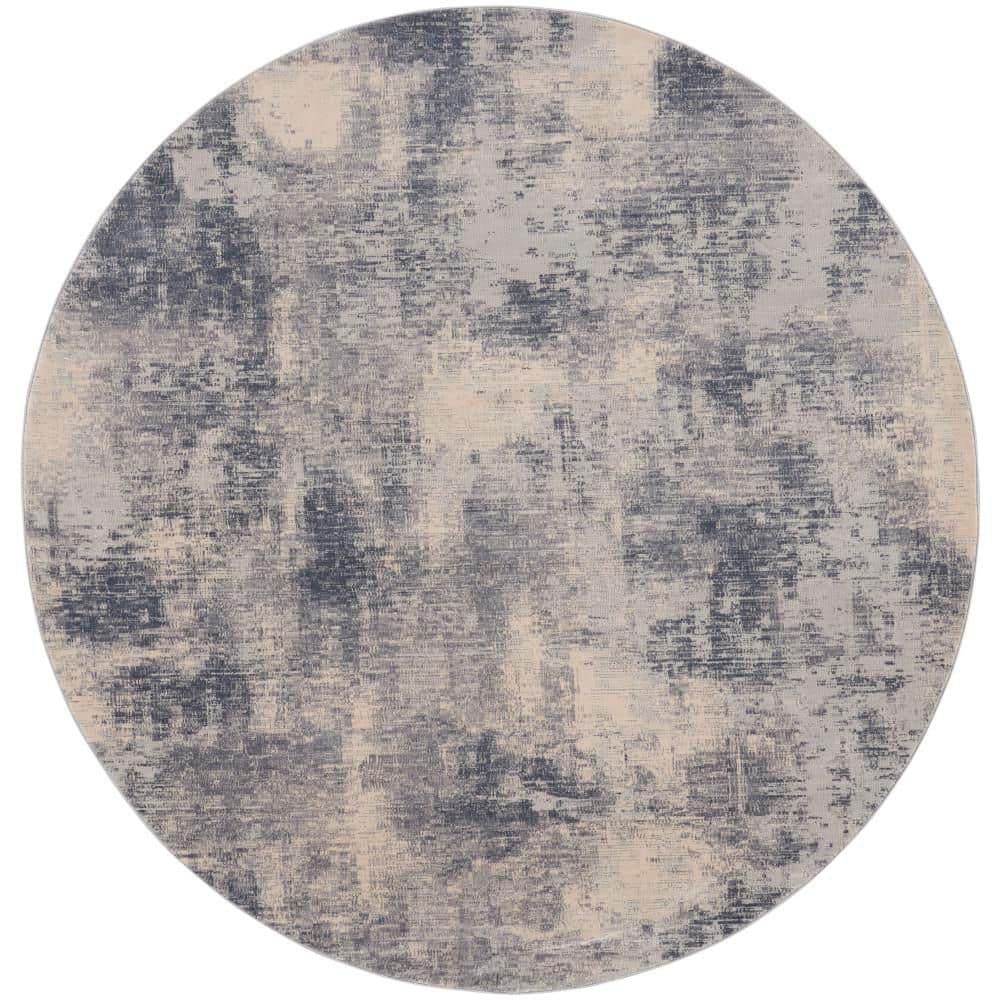 Round Blue and Ivory Abstract Area Rug 7'10"