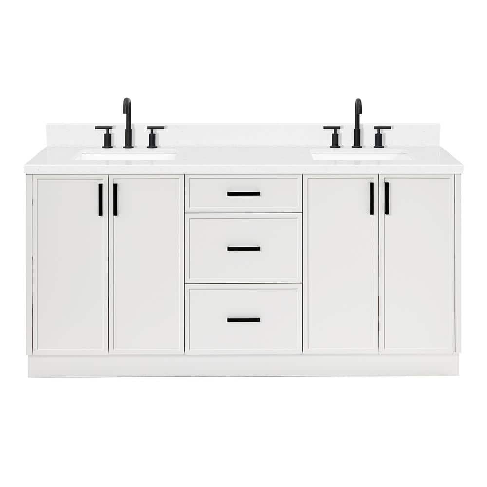 White Solid Wood Double Sink Bathroom Vanity with Carrara Quartz Top