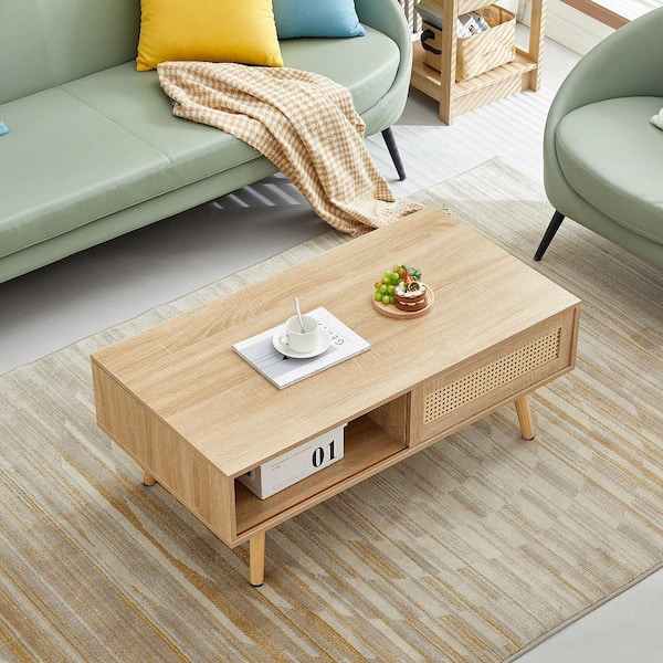 Tileon Natural 41.34 in. Rattan Coffee table, sliding door for storage, solid wood legs, Modern table for living room