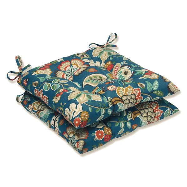 Pillow Perfect Floral 19 in. x 18.5 in. Outdoor Dining Chair Cushion in Blue/Tan (Set of 2)