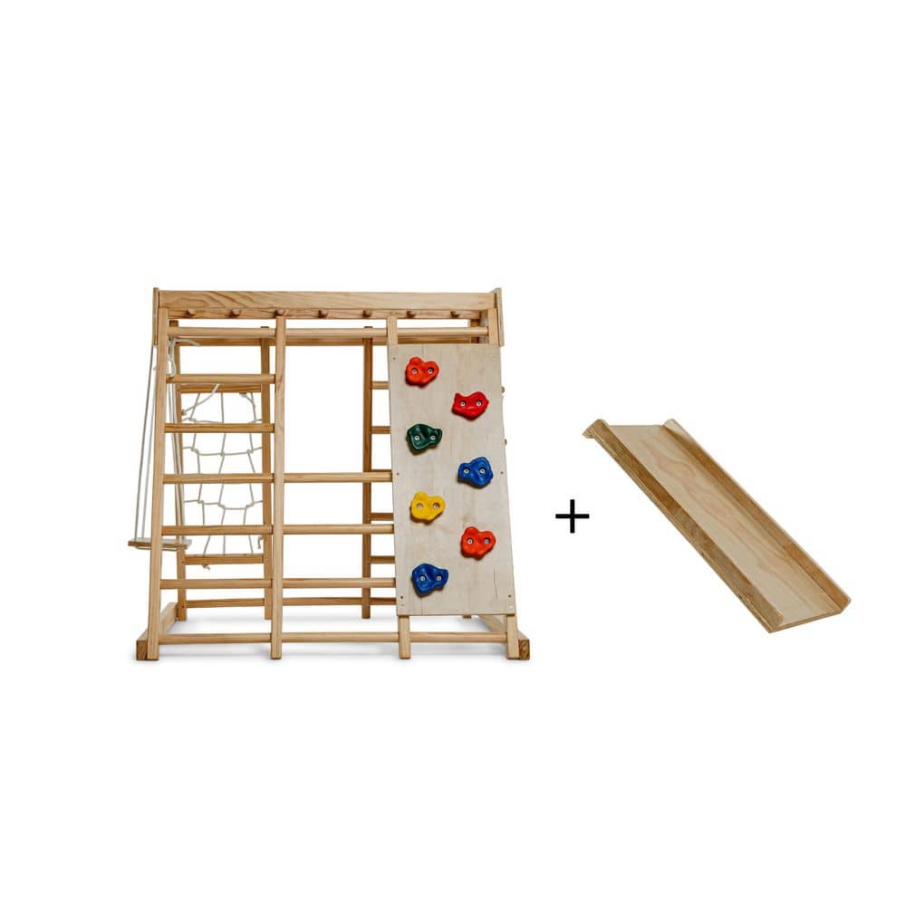 Large Natural Pine Indoor Playset with Slide, Swing, and Climbing Wall
