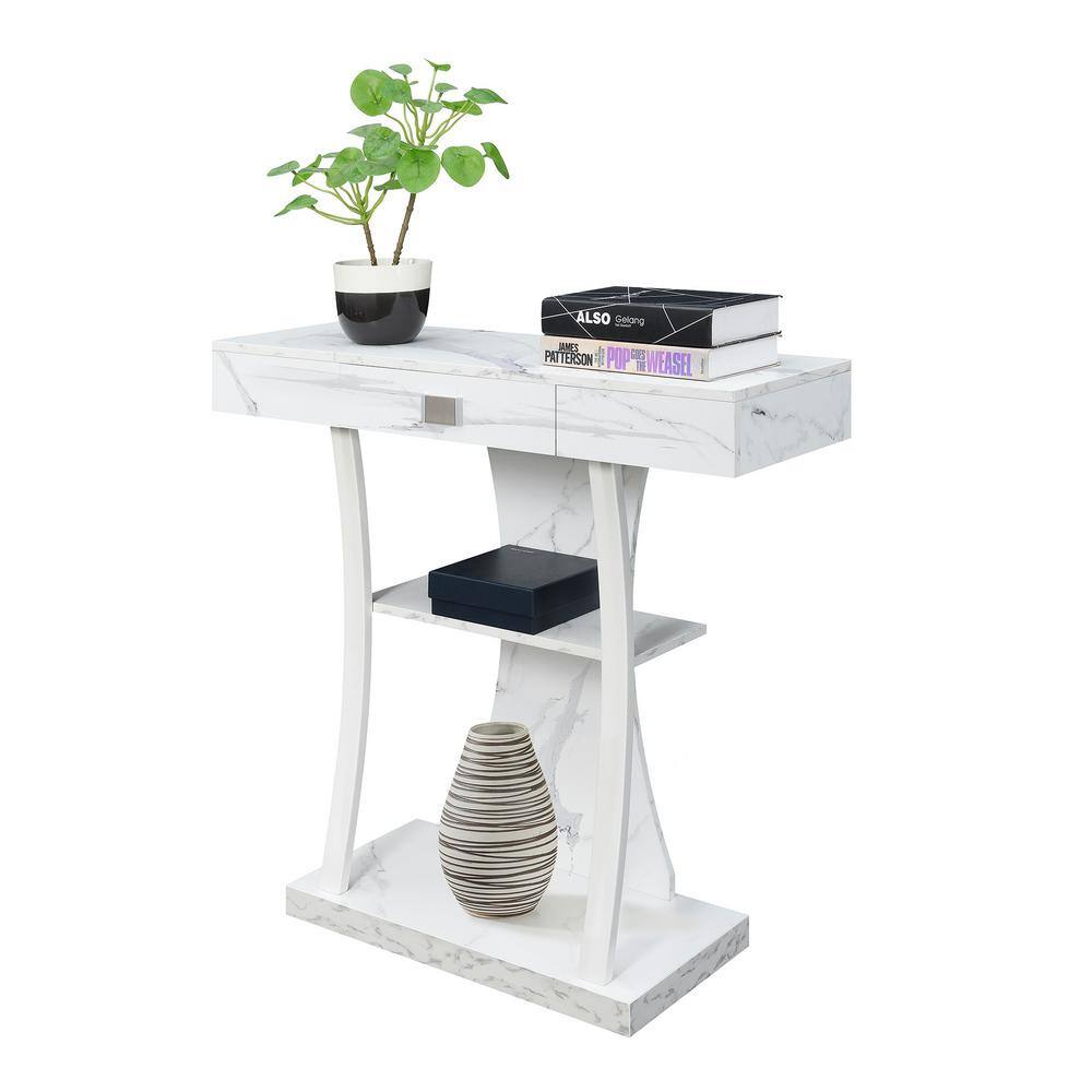 Newport 36" White Faux Marble Console Table with Storage Shelves