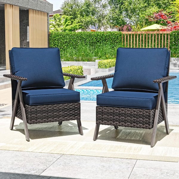 JOYSIDE R-Shaped Armrest Brown Wicker Outdoor Patio Lounge Chair with Blue Cushions (2-Pack)