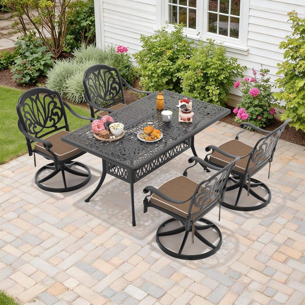 Black 5-Piece Cast Aluminum Outdoor Dining Set with 4 Swivel Rockers with Brown Cushions and Rectangular Table