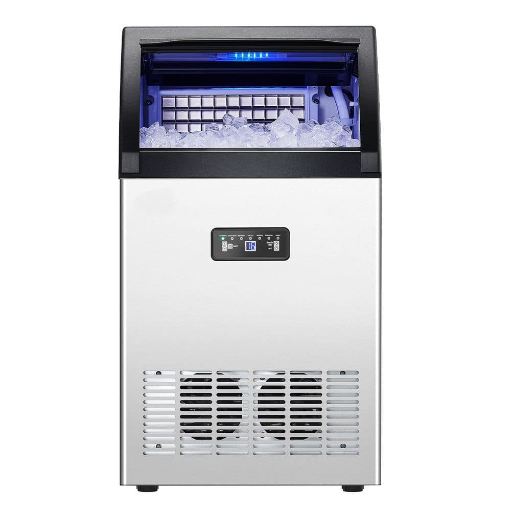 130lbs./24H Commercial Ice Maker 33lbs. Storage 16.1 in.W &Drain Pump Freestanding 55 Full Size Cubes in 15 Mins Silver