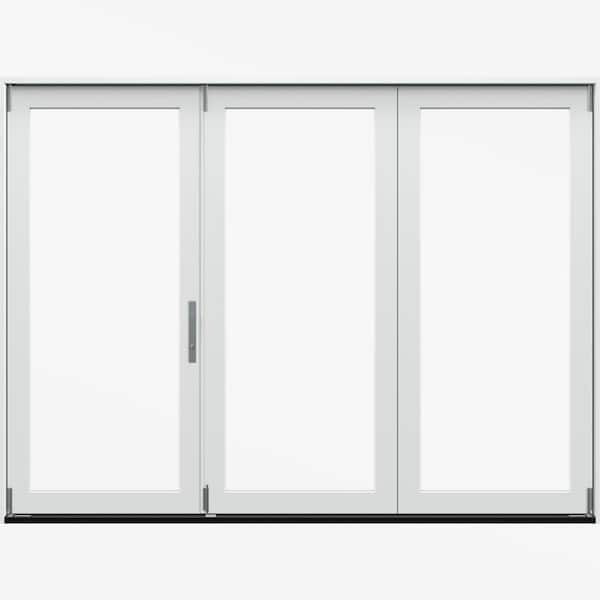 108 in. x 80 in. F4500 Right-Hand White Fiberglass 3-Panel Folding Patio Door with Low-E Glass and Nickel Handle