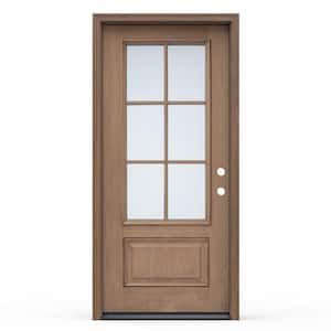 36 in. x 80 in. 1-Panel Left Hand Inswing 6-Lite Clear Warm Toffee Fiberglass Prehung Front Door with Brickmould