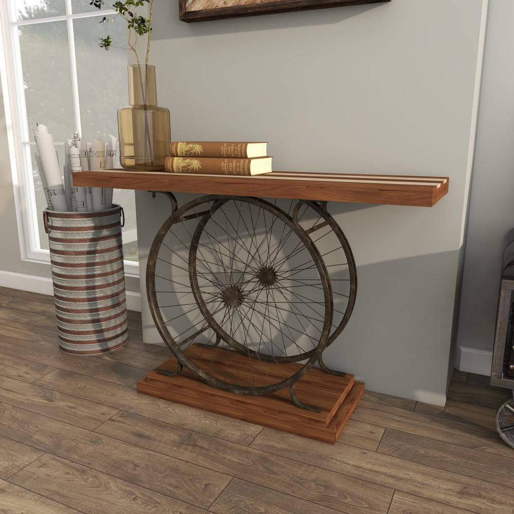 Industrial Brown Wood and Metal Wheel Console Table with Storage