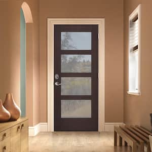 36 in. x 80 in. Left-Hand 4 Lite Clear Glass Espresso Stain Fiberglass Prehung Front Door with Brickmould