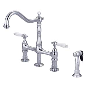 Emral Two Handle Bridge Kitchen Faucet with Porcelain Lever Handles in Polished Chrome