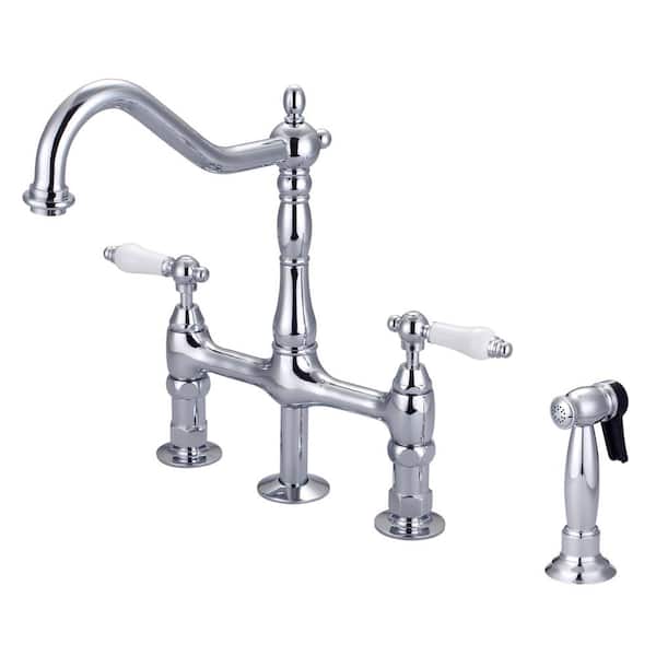 Emral Two Handle Bridge Kitchen Faucet with Porcelain Lever Handles in Polished Chrome