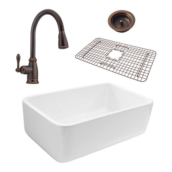 SINKOLOGY Bradstreet Reversible All-In-One Farmhouse Fireclay 30.5 in. Single Bowl Kitchen Sink with Pfister Rustic Bronze Faucet
