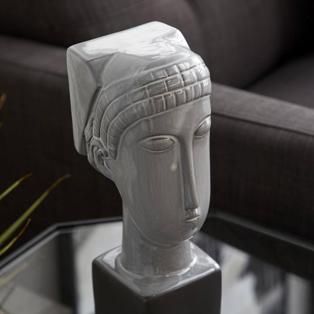 Gray Ceramic Woman Head Sculpture with Painted Finish