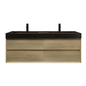 MIA 59 in. W. x 20 in. D x 24 in. H Double Sink Floating Bath Vanity in Teak Oak with Black Stainless-Steel Top