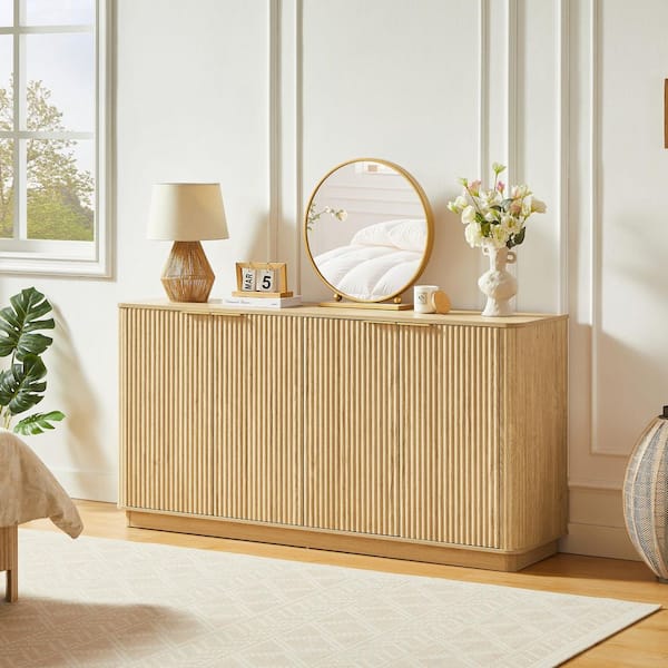 Merrick Oak Finish Wood 63 in. Stripe Buffet Sideboard 4-Doors Accent Storage Cabinet, Particle Board