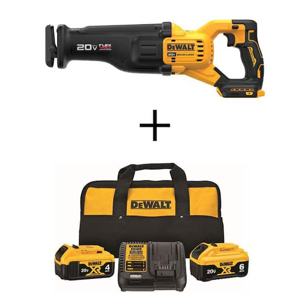 DEWALT 20V MAX Cordless Brushless Reciprocating Saw, (1) 20V 6.0Ah and (1) 20V 4.0Ah Batteries, and Charger