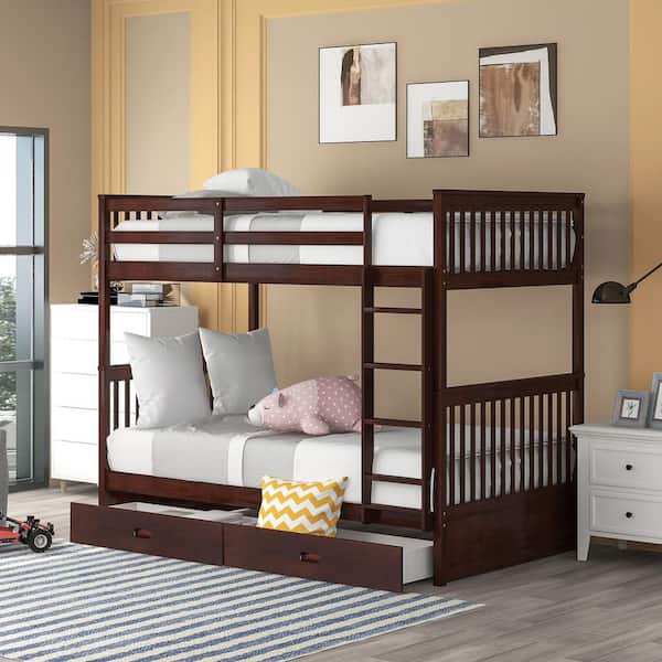 GOJANE Espresso Twin-Over-Twin Bunk Bed with Ladders and 2 Storage Drawers