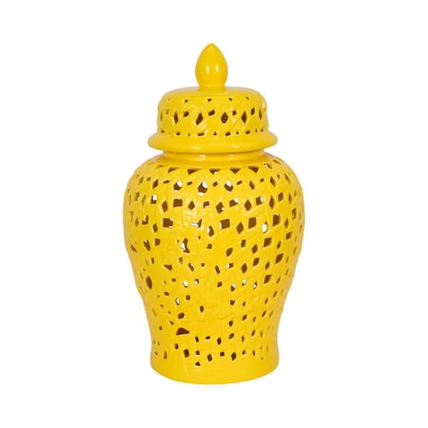 24 in. Yellow Ceramic Pierced Cut-Out Decorative Jar