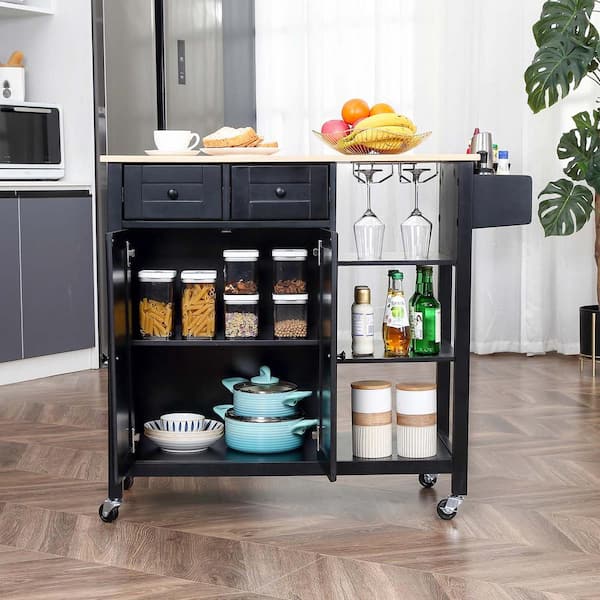 Unbranded Black Kitchen Island with 3 Layer Shelves and Spice Rack
