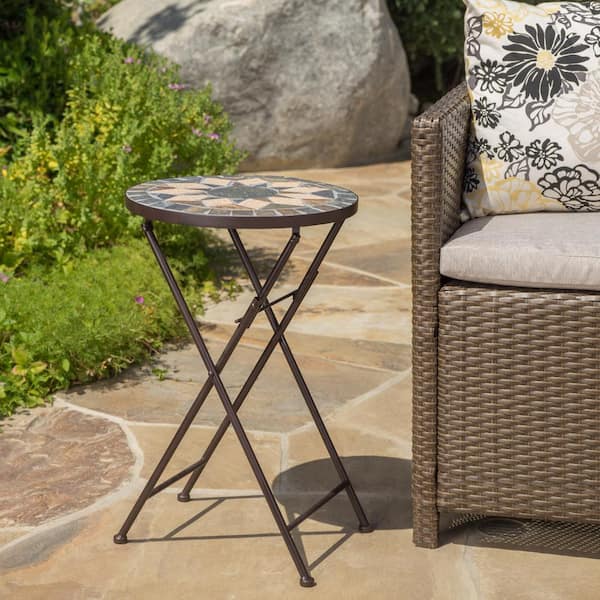 Unbranded Transitional Stone Mosaic Foldable Round Ceramic 22 in. H Outdoor Accent Side Table with Iron Frame, Beige/Black