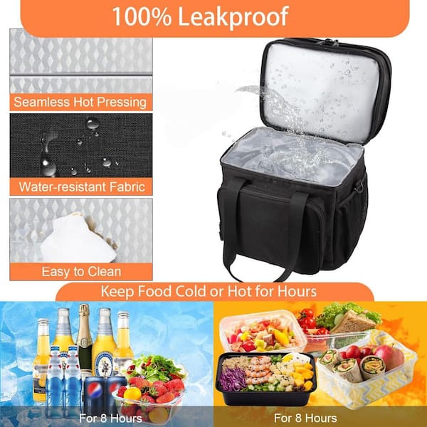 Black Expandable Insulated Large Lunch Box, Double Deck Heavy Duty Durable Lunch Bag Leakproof Cooler Bags for Daytrip