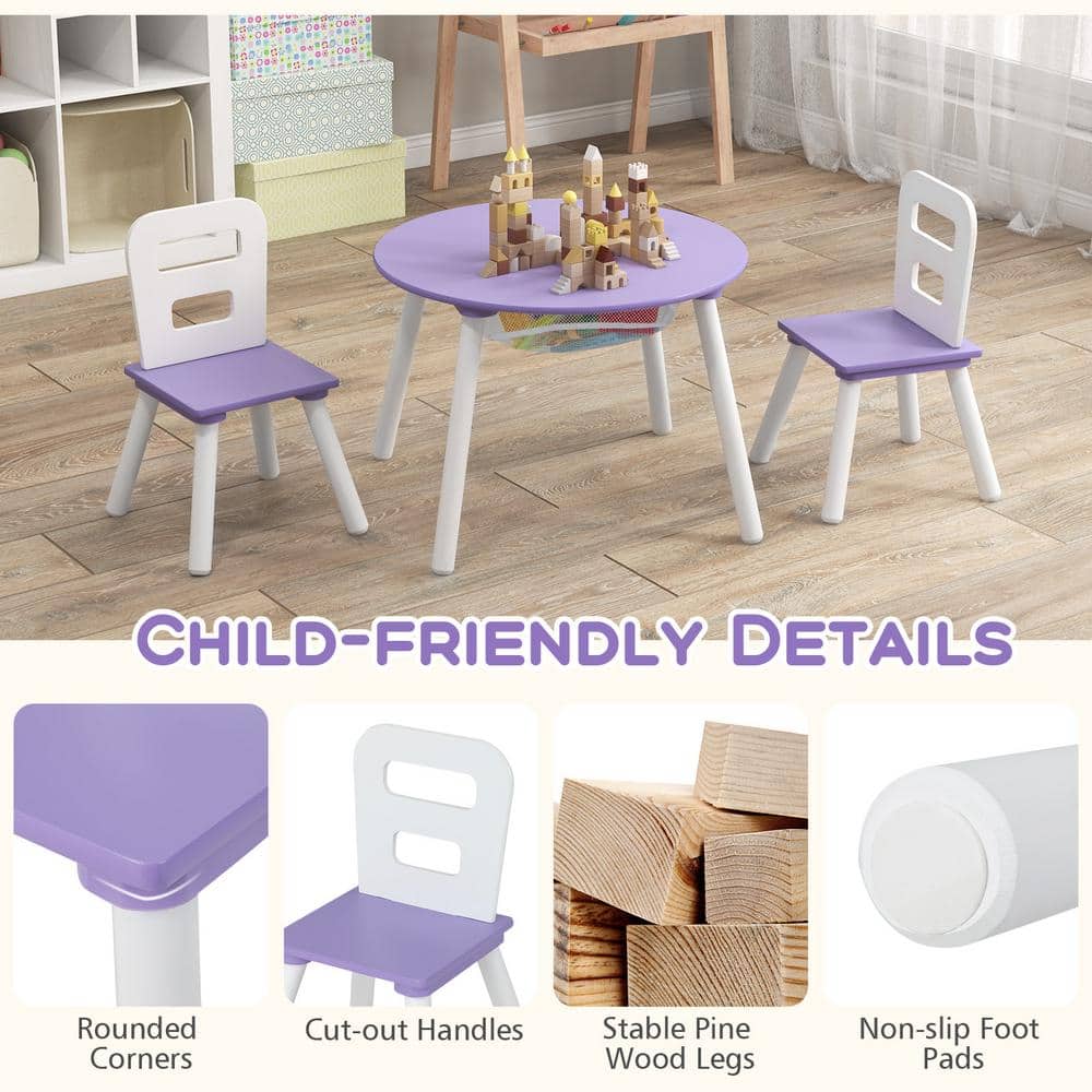 Purple Wooden Kids Table and Chair Set with Storage