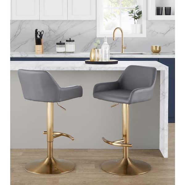 Daniella 32.25 in. Grey Faux Leather and Gold Metal Adjustable Barstool (Set of 2)