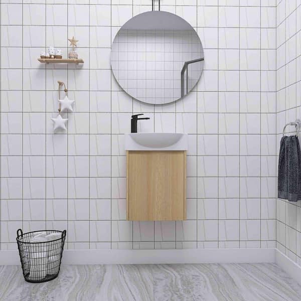 ARTCHIRLY 15.94 in. W x 11.22 in. D x 22.05 in. H Wall Mounted Bathroom Vanity in Light Brown with White Resin Basin Top