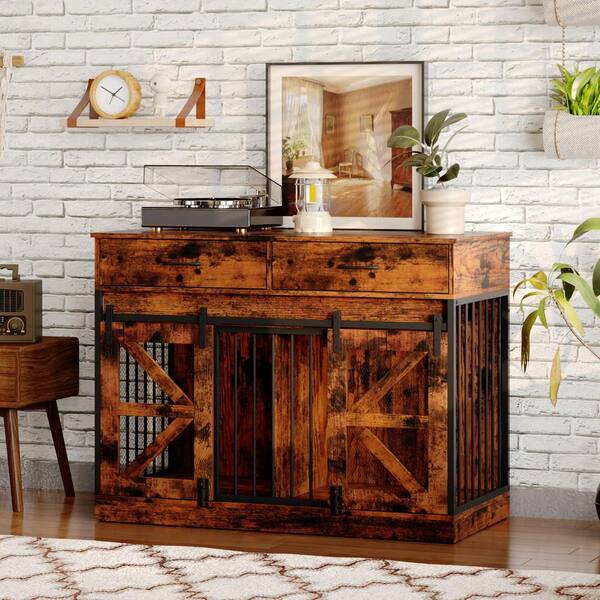 47 in. Rustic Brown Dog Crate Furniture w/ Drawer Storage, Metal Frame Kennel End Table for Small Dog, 66 lbs. Capacity
